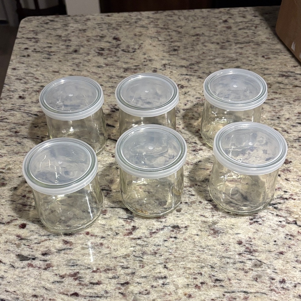 Set of 6 Clear Glass Storage Jars with White Lids